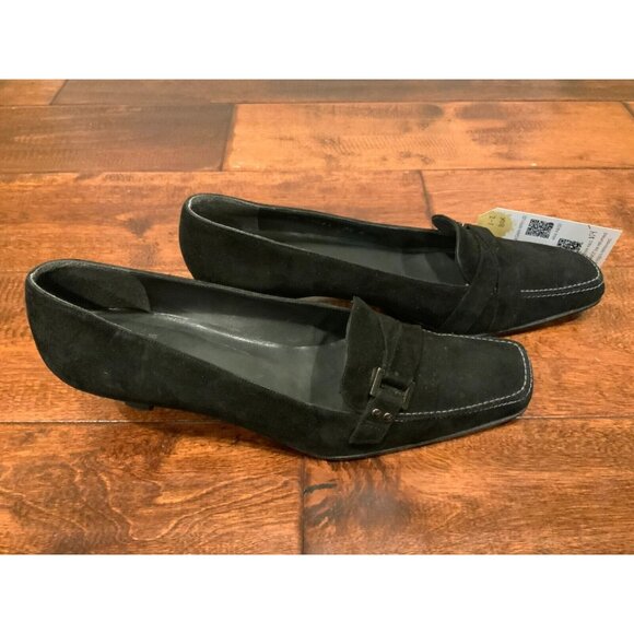 Stuart Weitzman Black Suede Square Toe Kitten Heel Loafers, Size 7.5 (US) - Picture 4 of 8